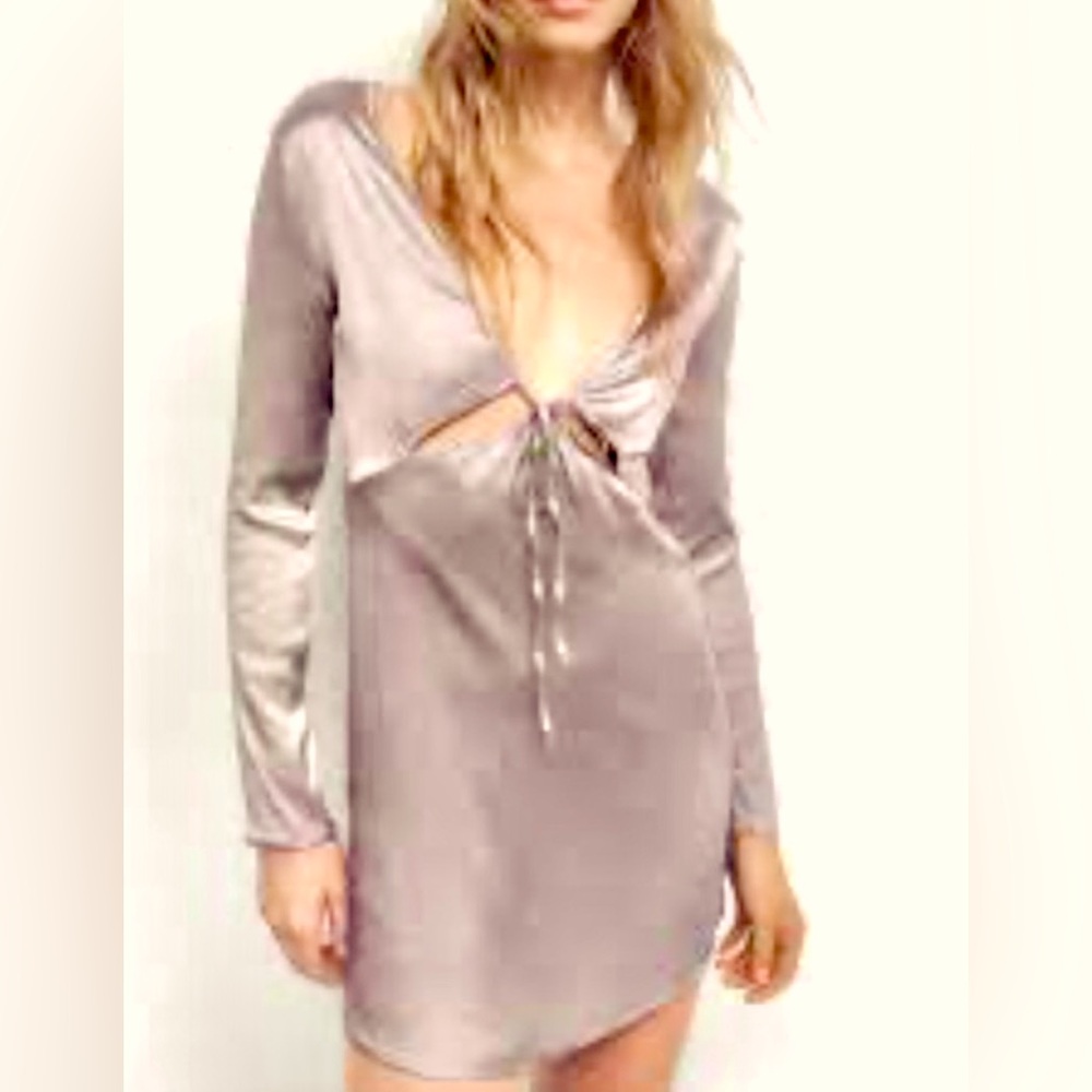 ZARA Silver Satin Dress Sz Medium. NEW with tags. V-Neck. Long sleeve. Flare.